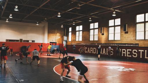 Wrestling team at practice in Nichols Gymnasium