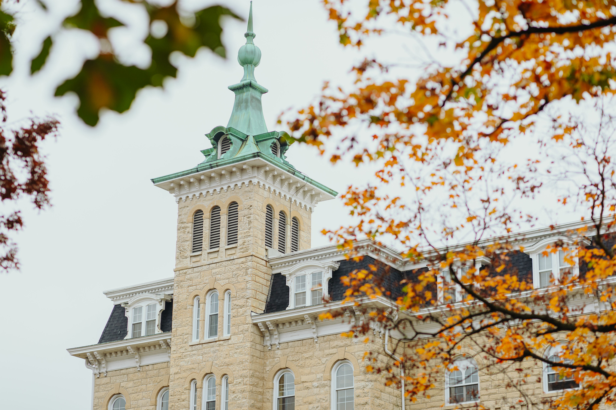 Old Main with fall leaves