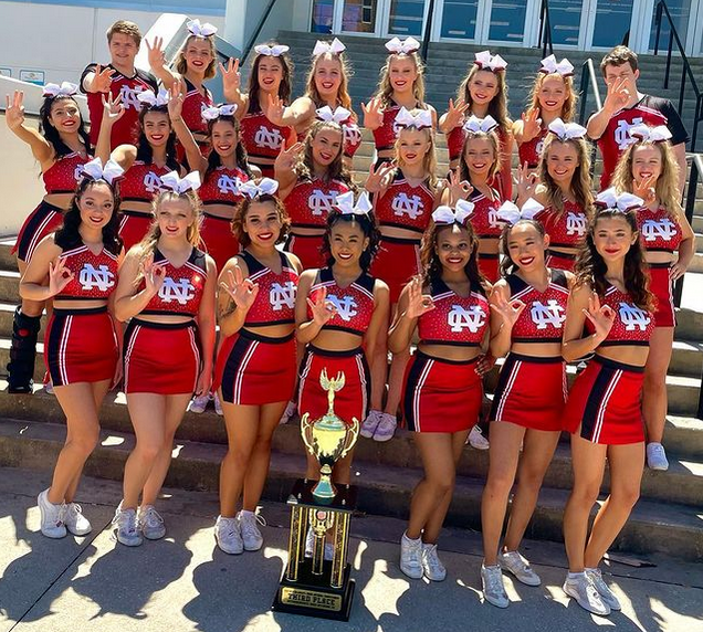 The North Central College cheer team with their trophy at NCA Nationals.