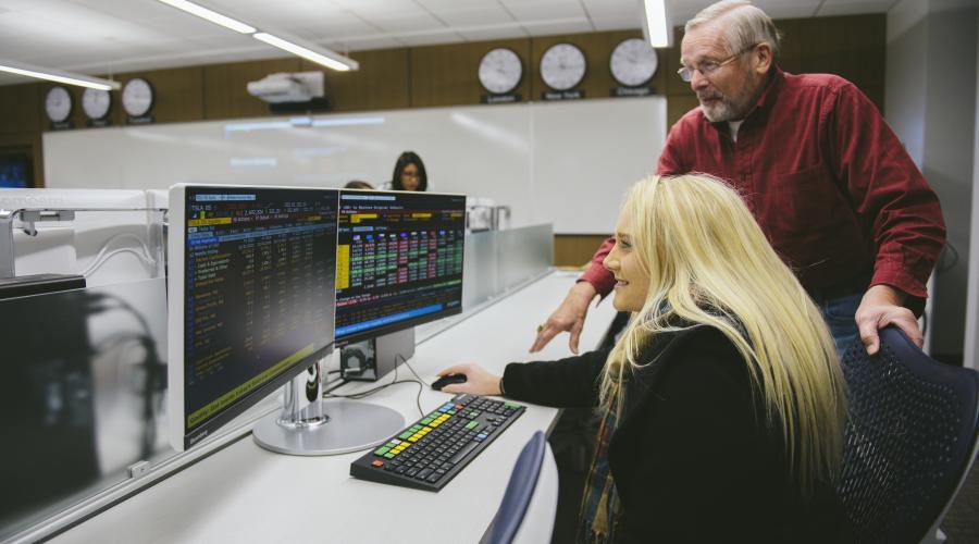 Students and faculty using the Bloomberg Finance Lab in the School of Business and Entrepreneurship at North Central College.