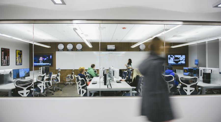 Students and faculty using the Bloomberg Finance Lab in the School of Business and Entrepreneurship at North Central College.