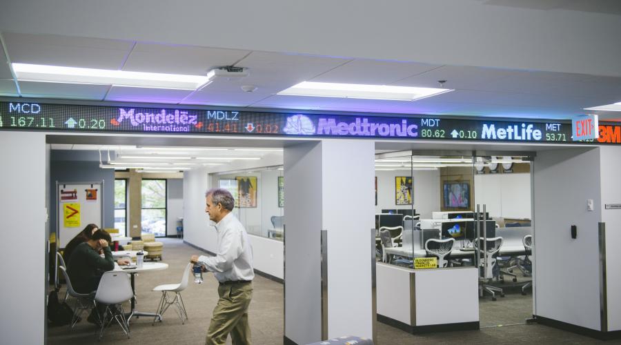 Students and faculty using the Bloomberg Finance Lab in the School of Business and Entrepreneurship at North Central College.