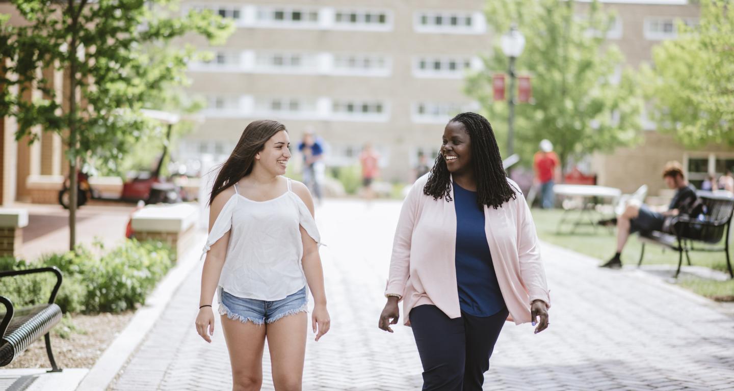 Dorothy Pleas, director of multicultural affairs, talking with a North Central College student.