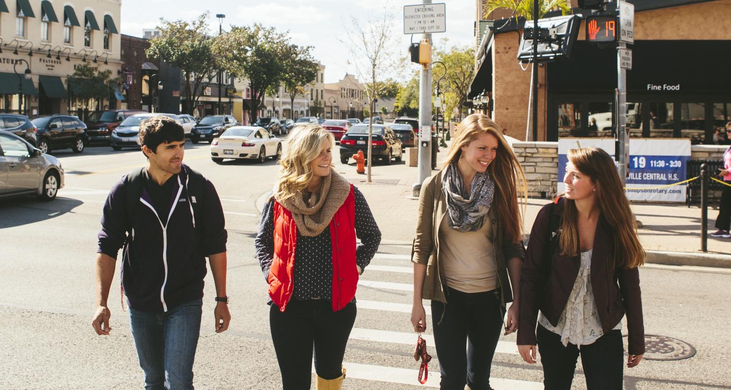 students walking in downtown naperville