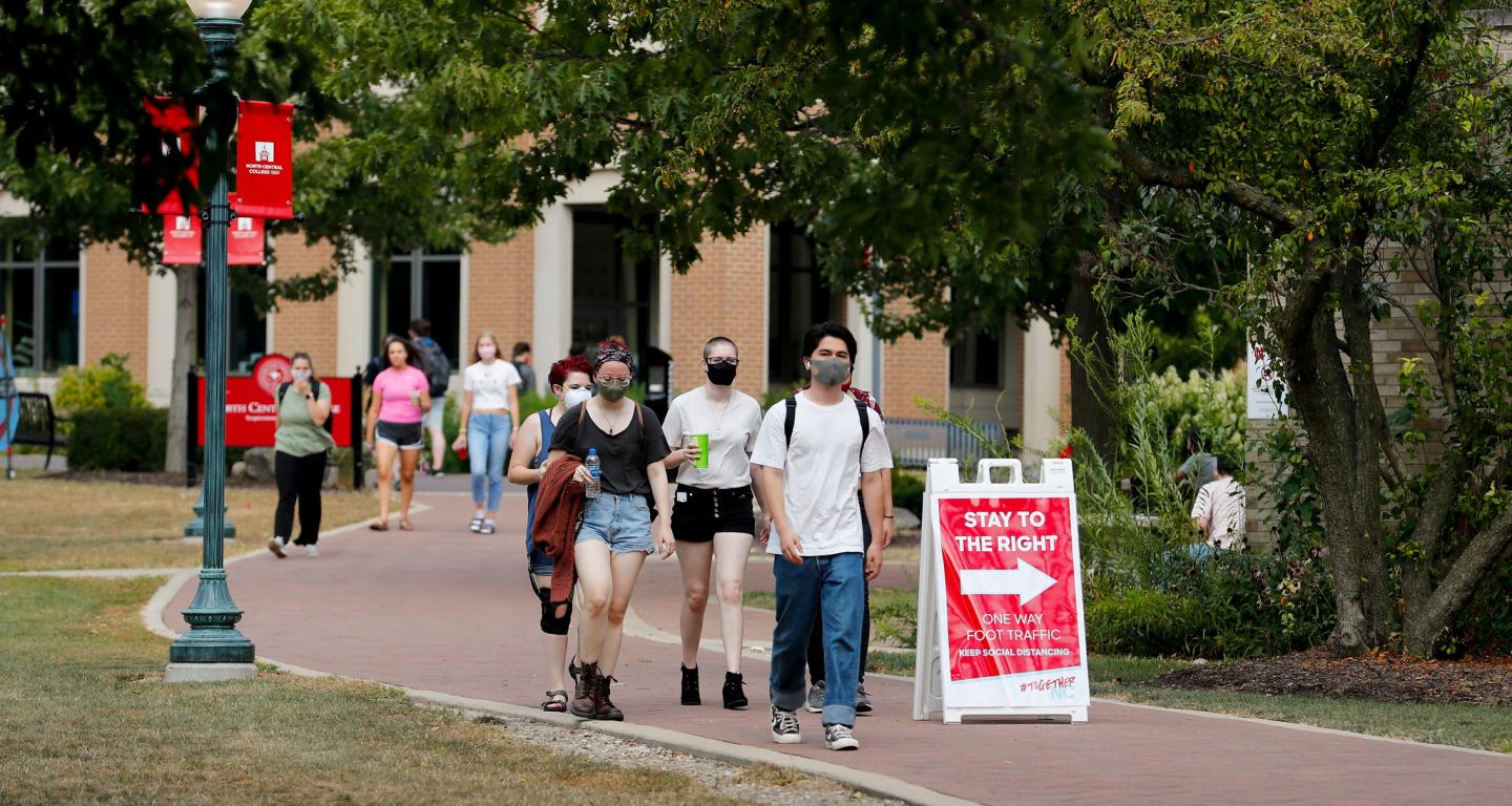 Students walking on the North Central College campus.
