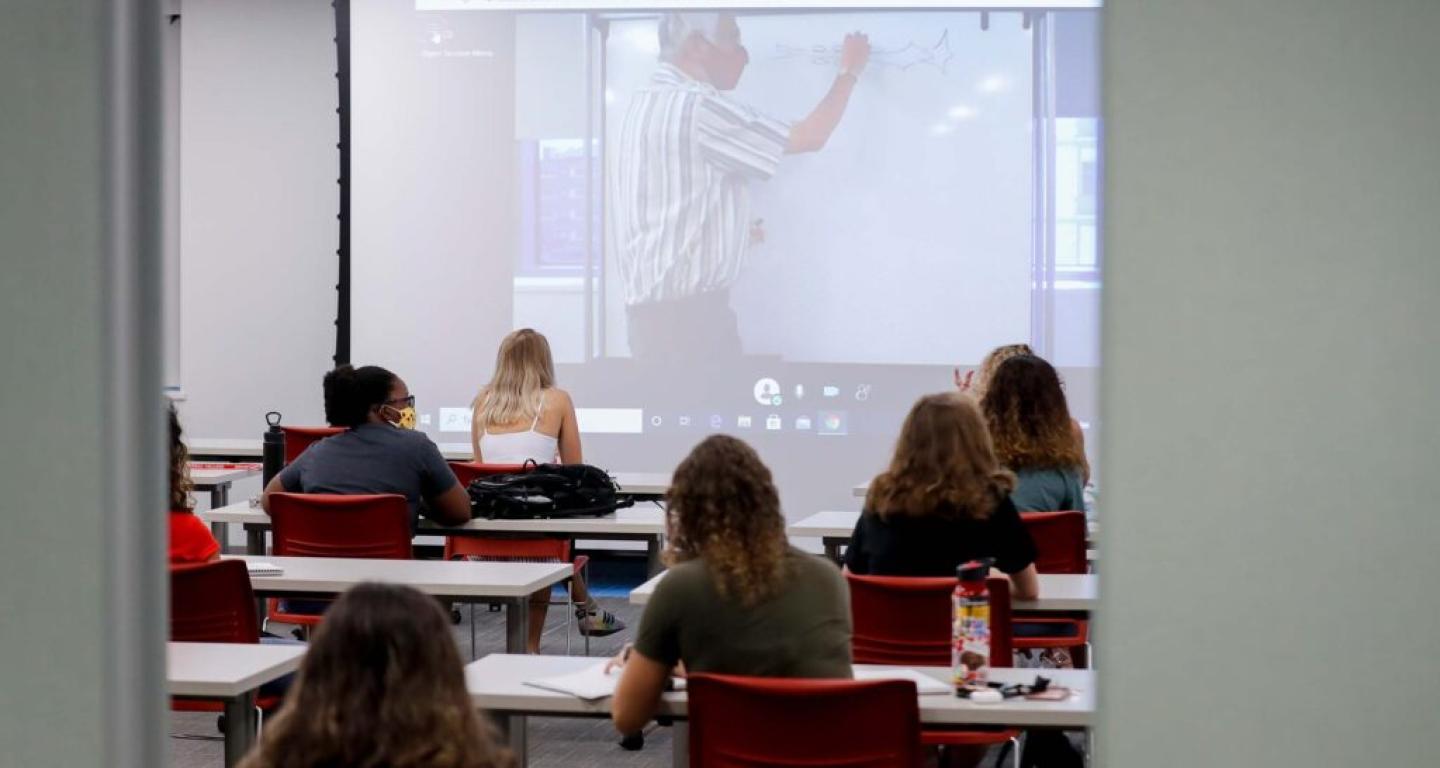 Students at North Central College taking a virtual marketing class.