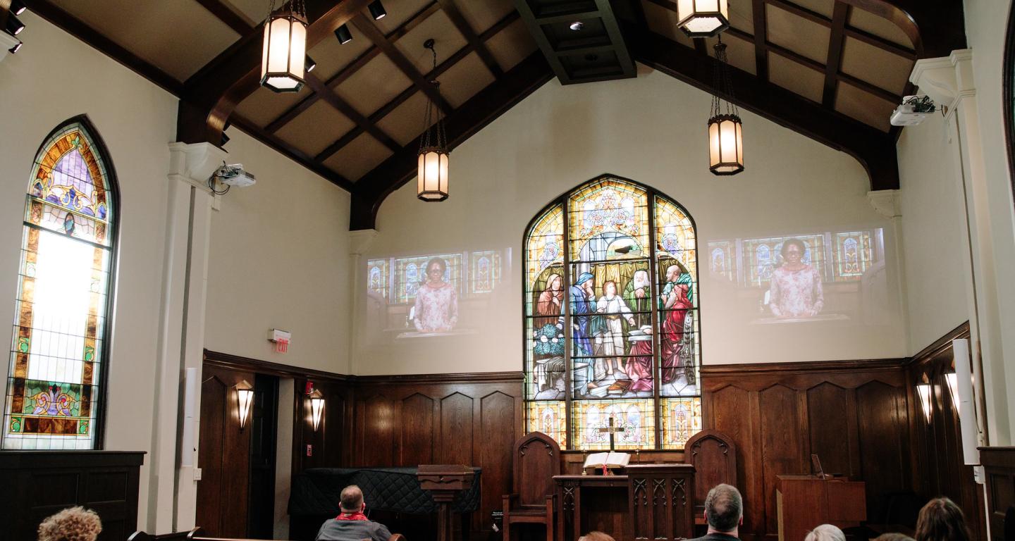 North Central College religious studies and theology majors take in a class at Koten Chapel.