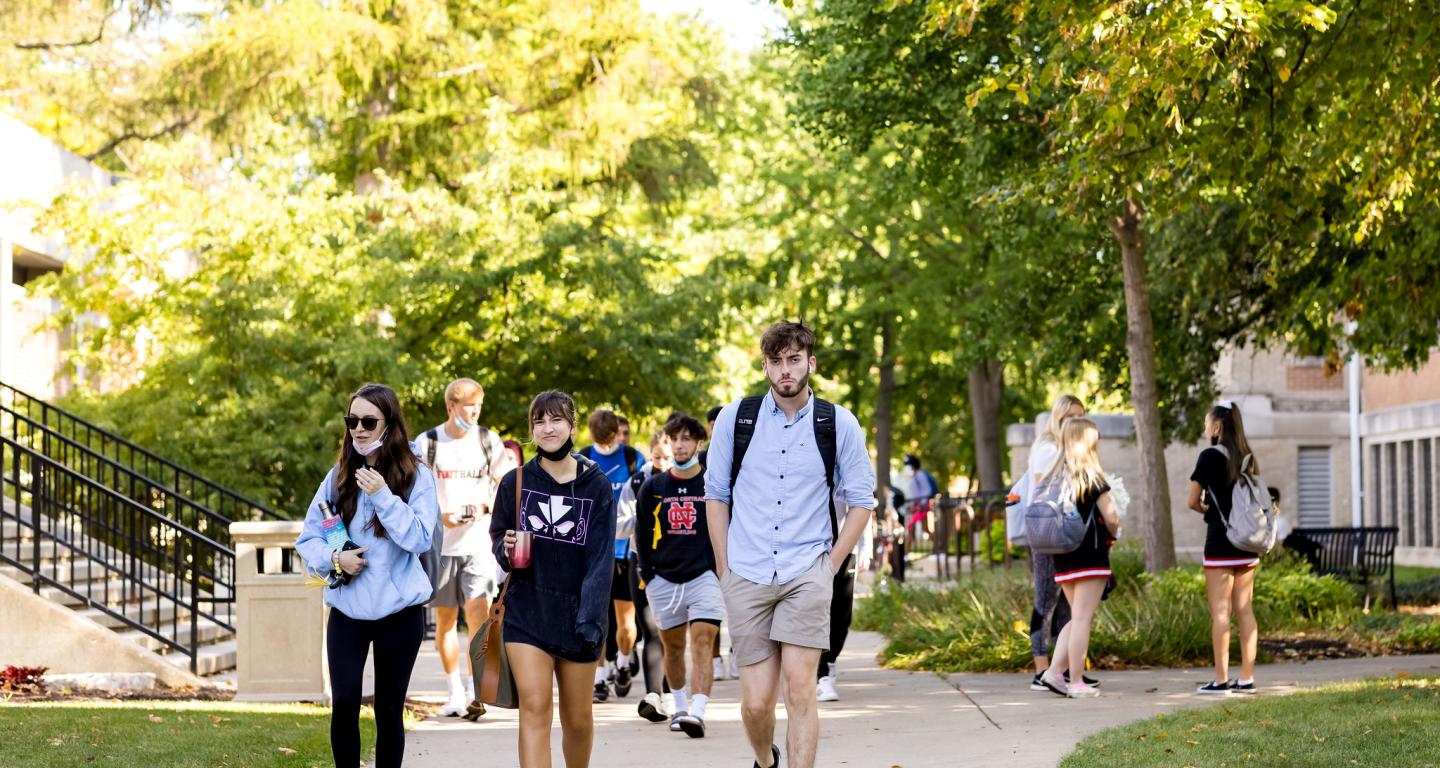 North Central College transfer students walking on campus.