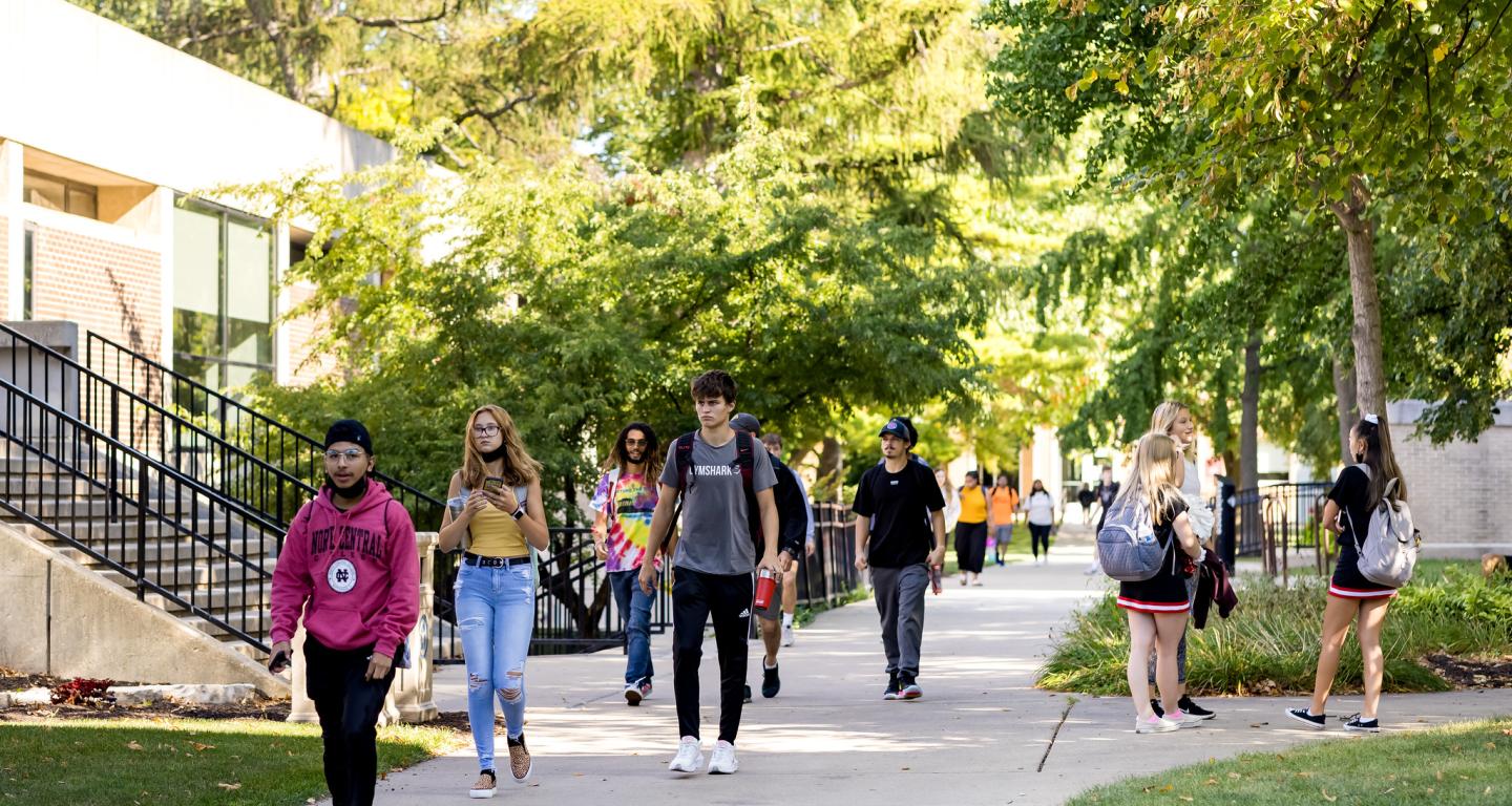 North Central College students walking on campus.