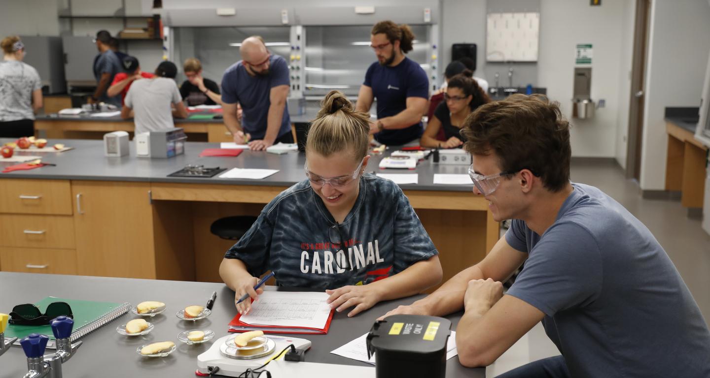 Two North Central College biochemistry students at work in the lab.