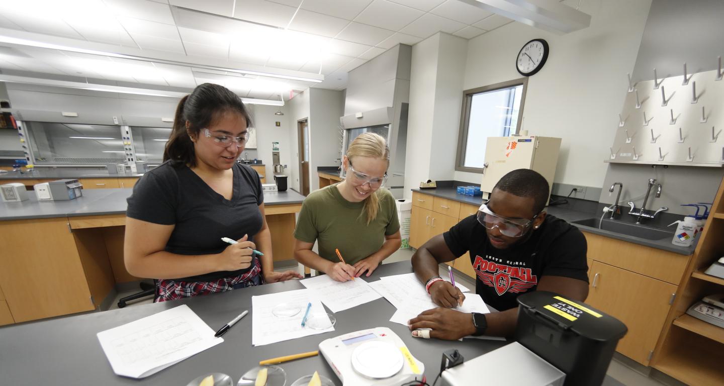 A group of North Central College biochemistry students working in the lab.