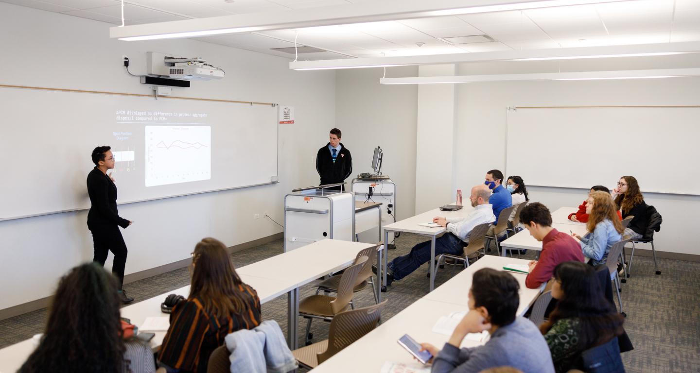 A North Central College economics students presents to their class.