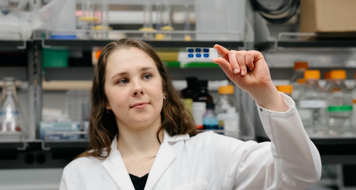 A North Central College neuroscience student holding up a lab sample.