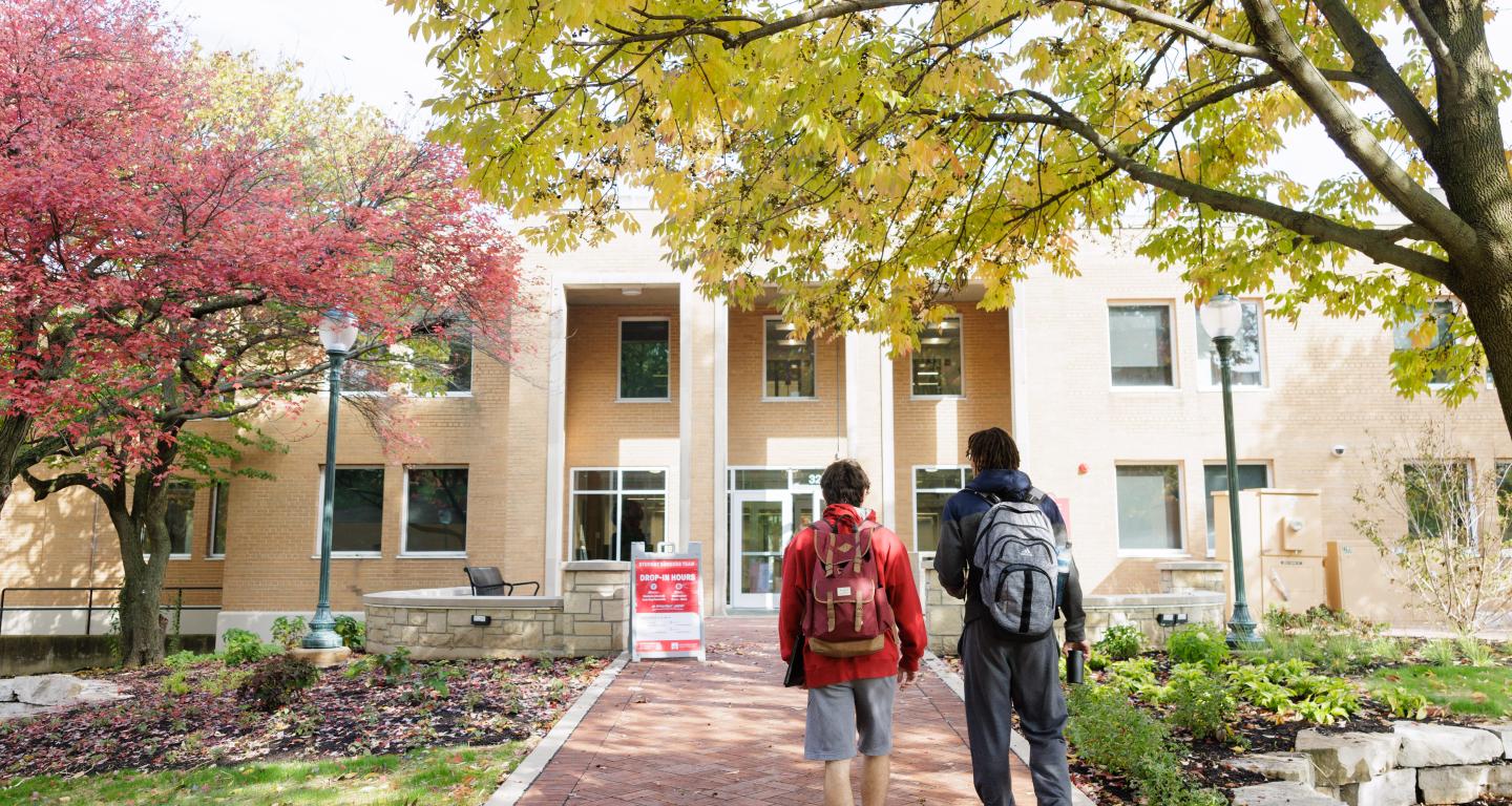 North Central College students approach the Oesterle Library.