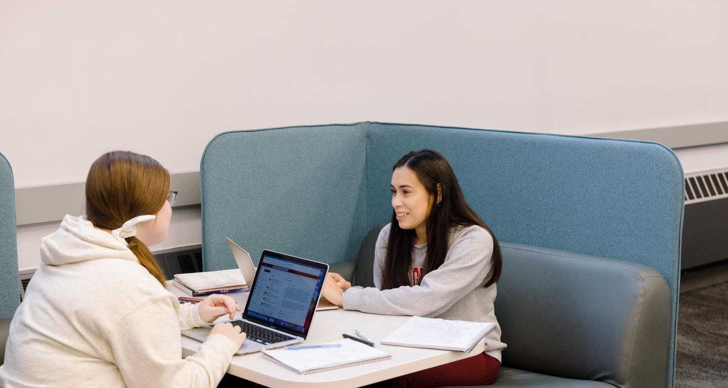 Two North Central College students discussing nuclear medicine technology.