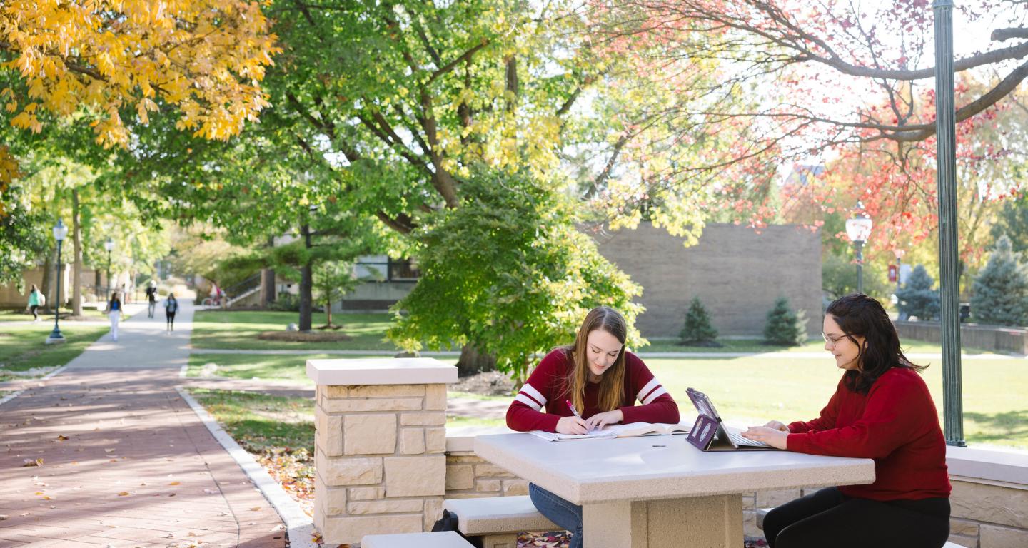 Two North Central College human resources students studying outside.