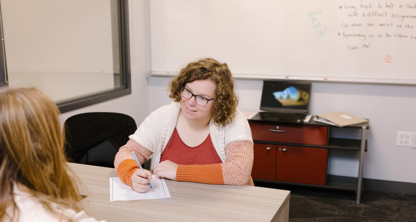 A human resources professional working with a North Central College student.