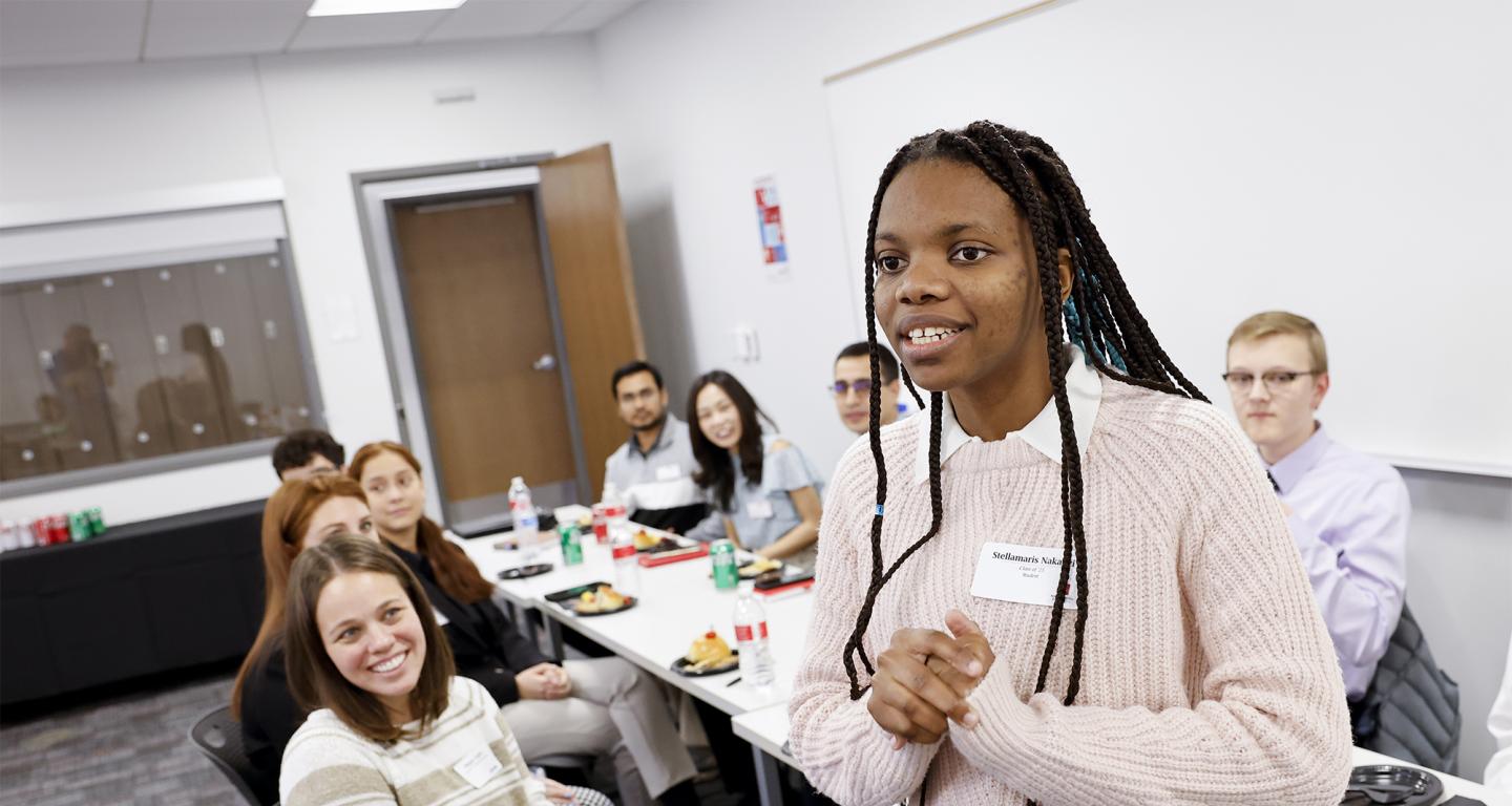 A North Central College history student addresses her class.