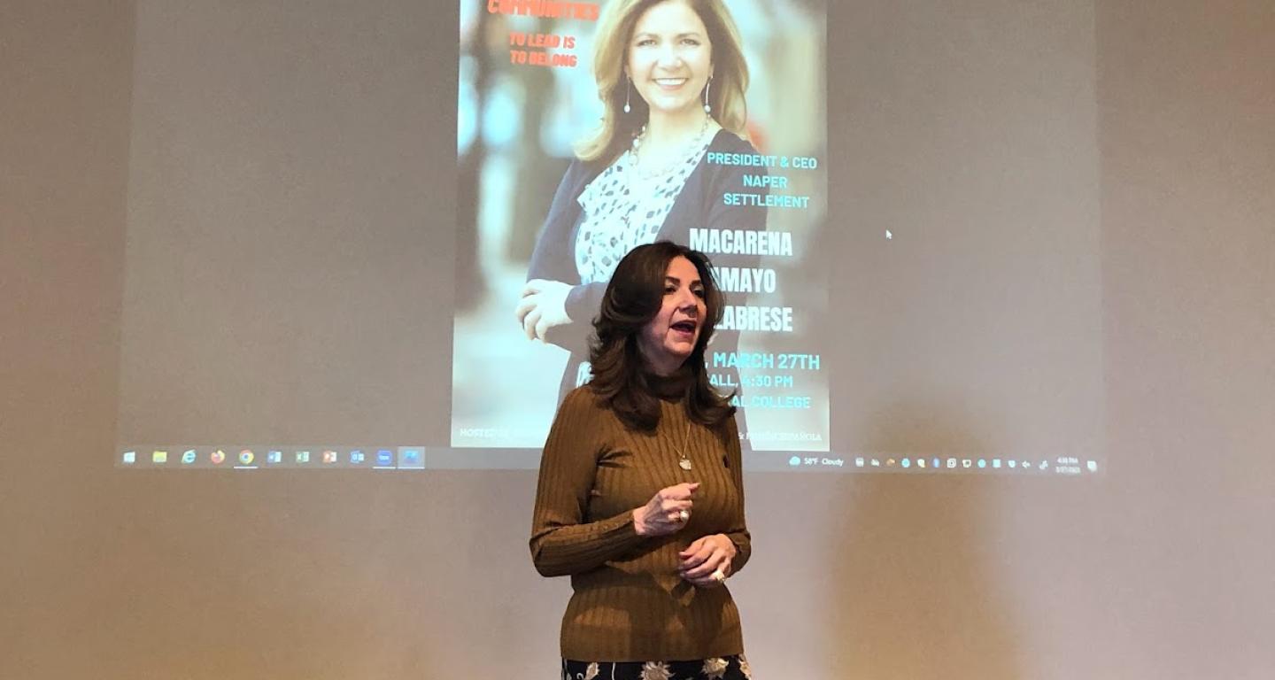 Macarena Tamayo-Calabrese leading a talk on opportunities for Latino students.