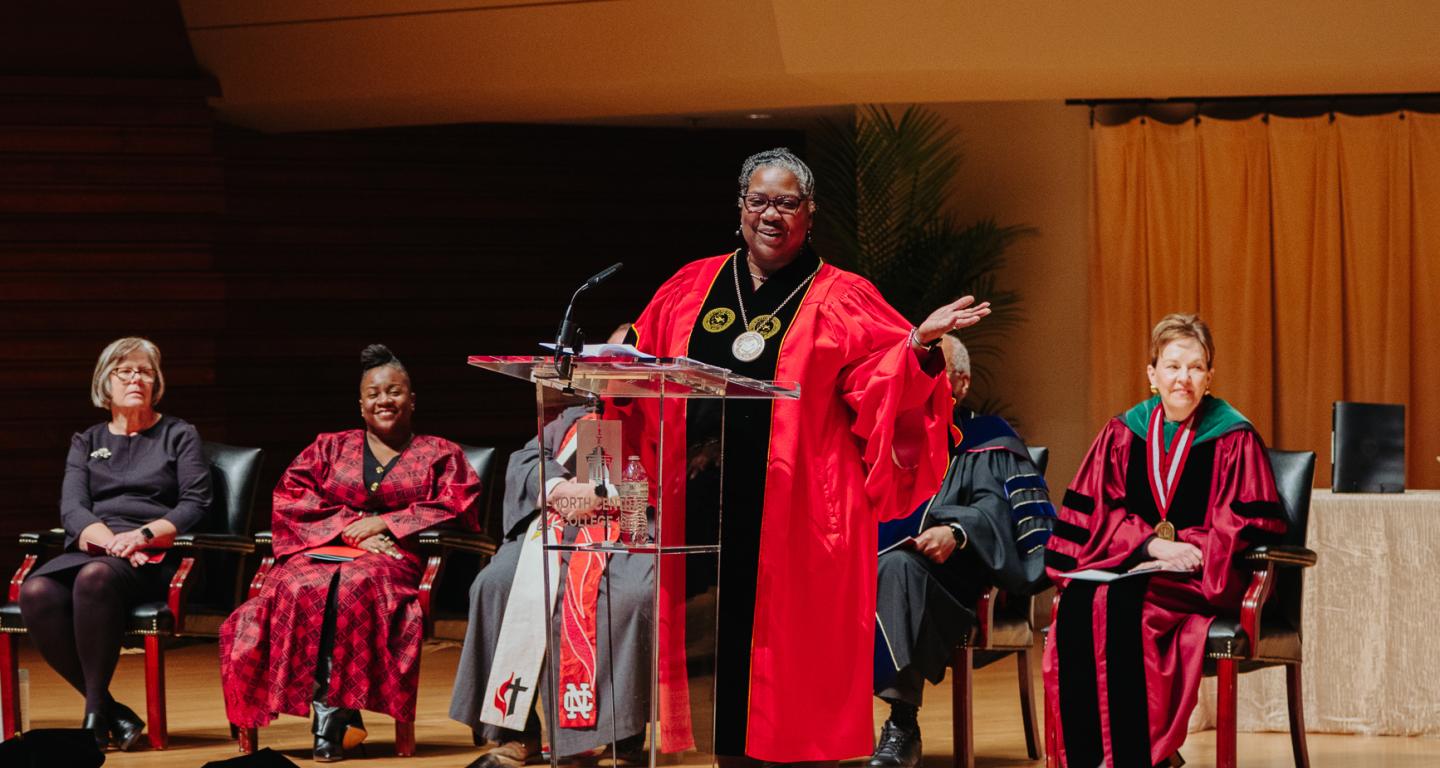 President Anita Thomas being installed as North Central College president.