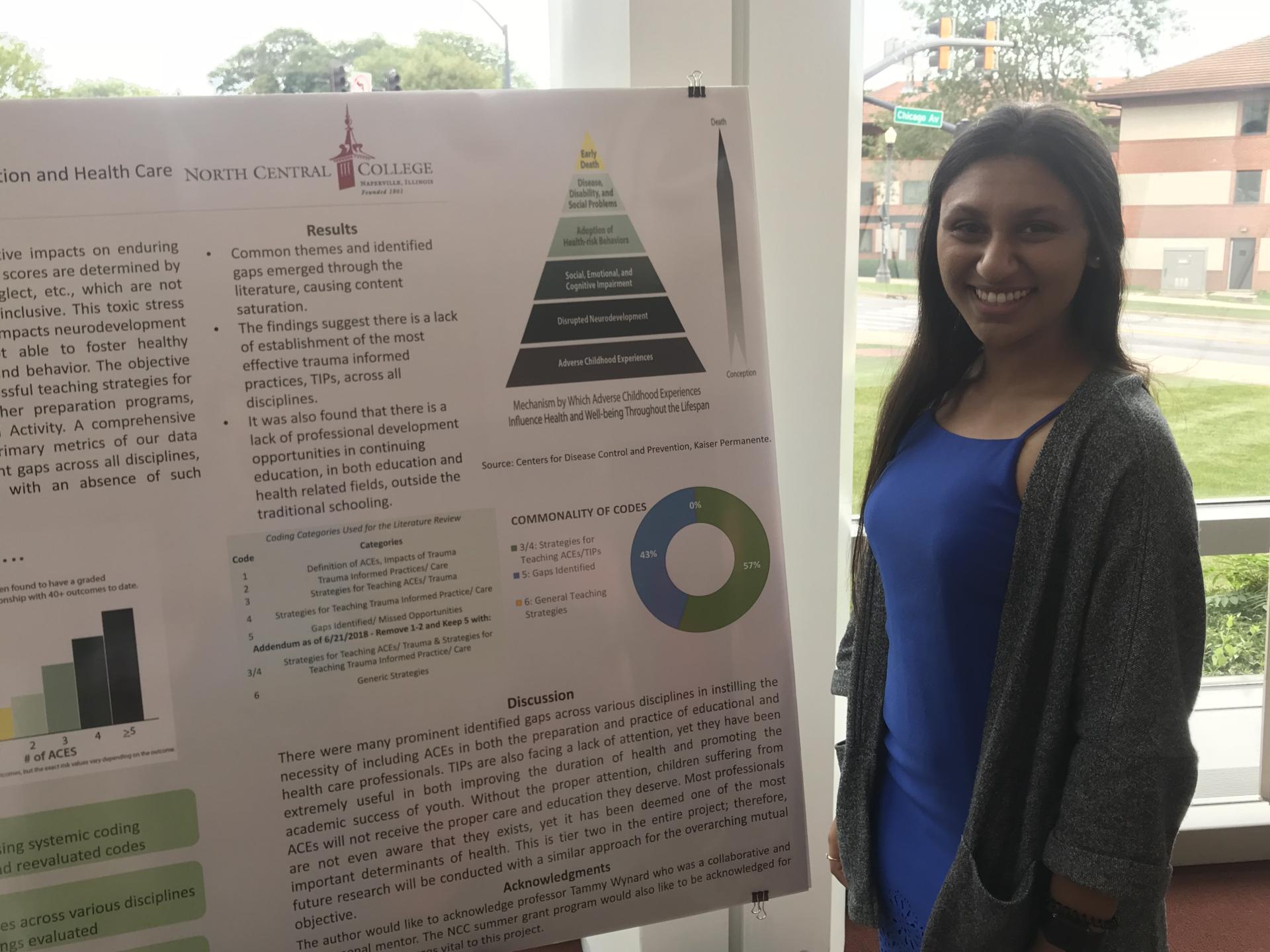 Shruti Amin with her summer research project on Adverse Childhood Experiences at the summer undergraduate research poster session.