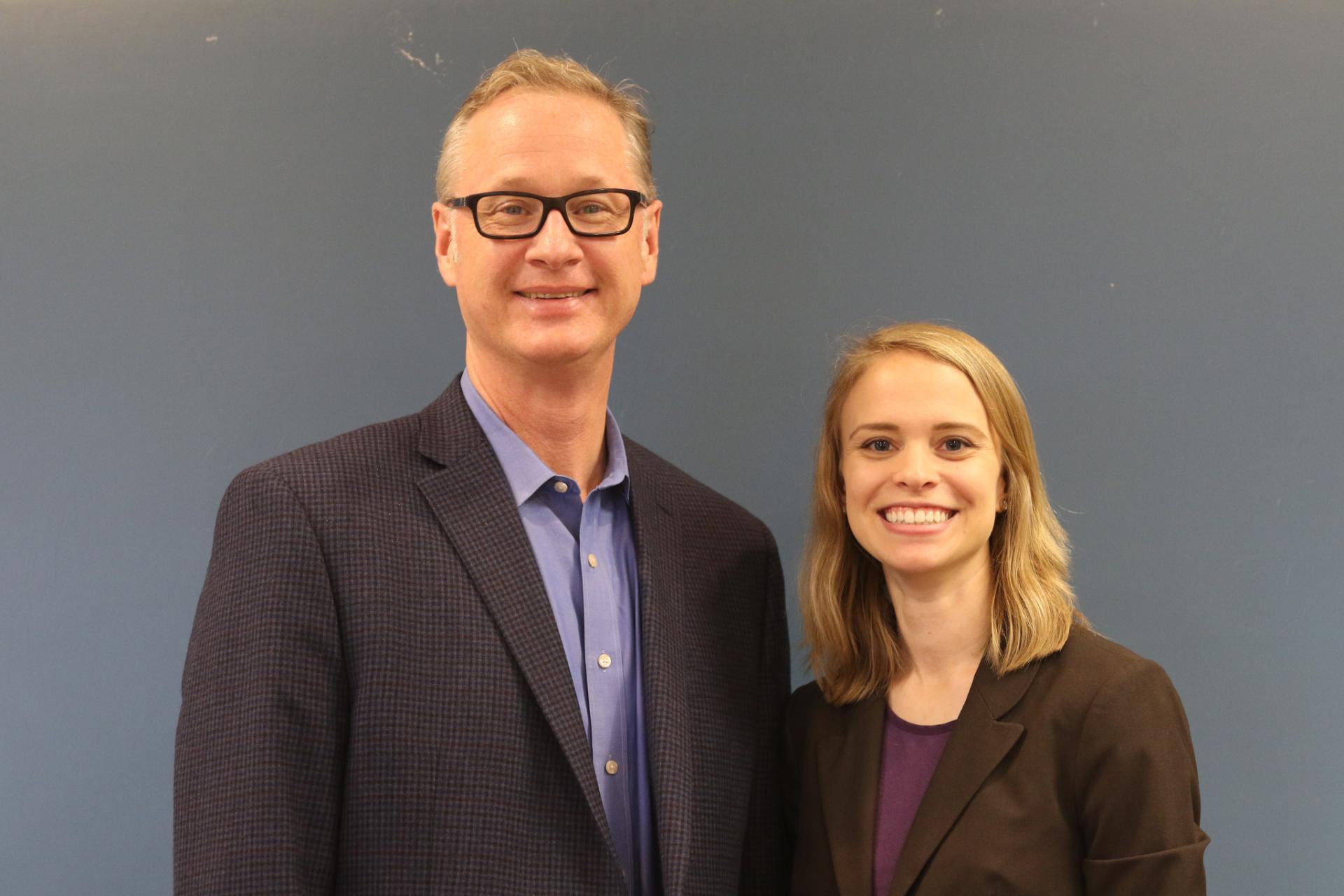 Professor Gregory Wolf and Emily Labedz after Labedz spoke to Wolf's German class at North Central College.