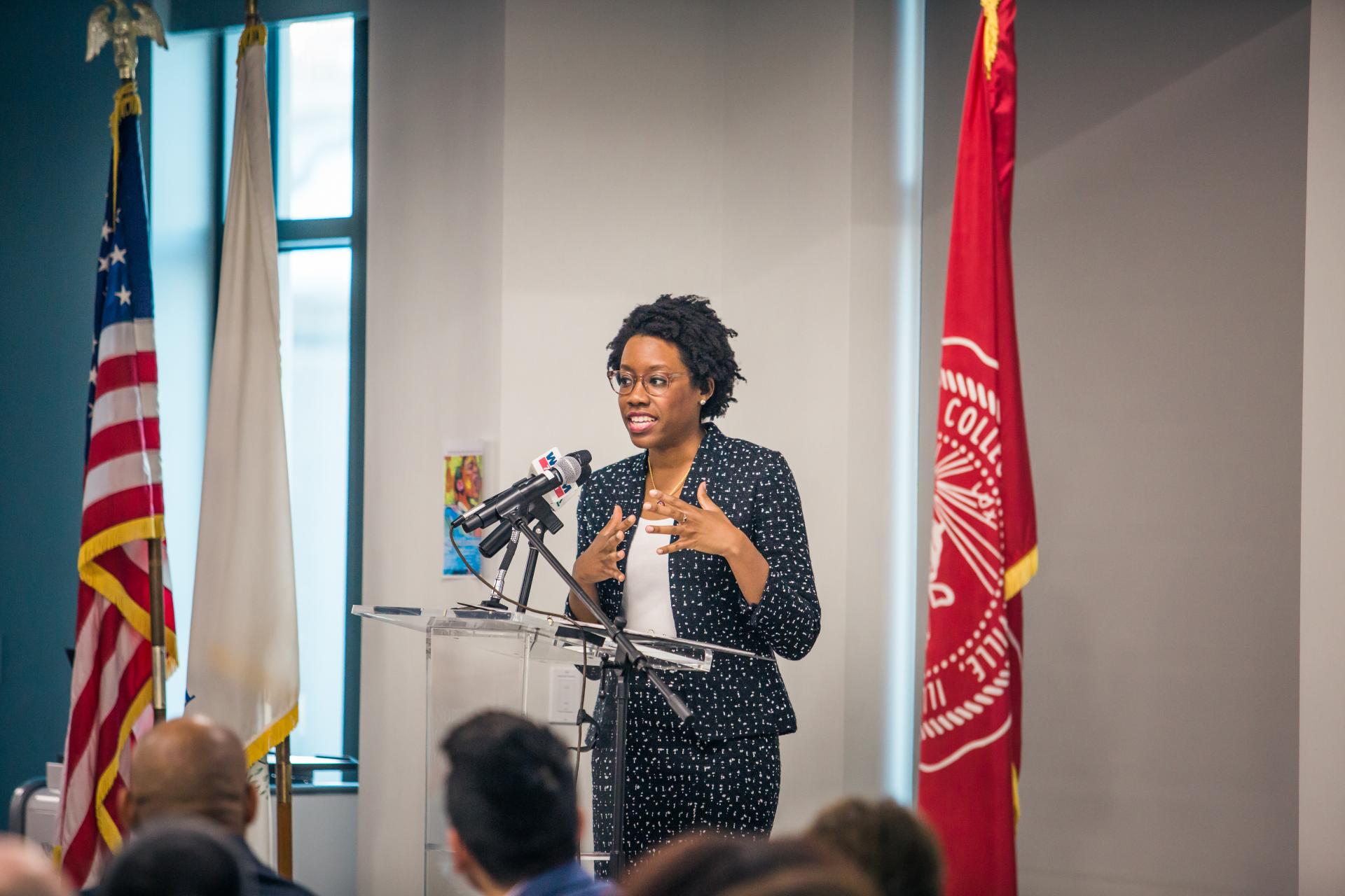 Rep. Lauren Underwood speaking at North Central College's annual MLK Prayer Breakfast.