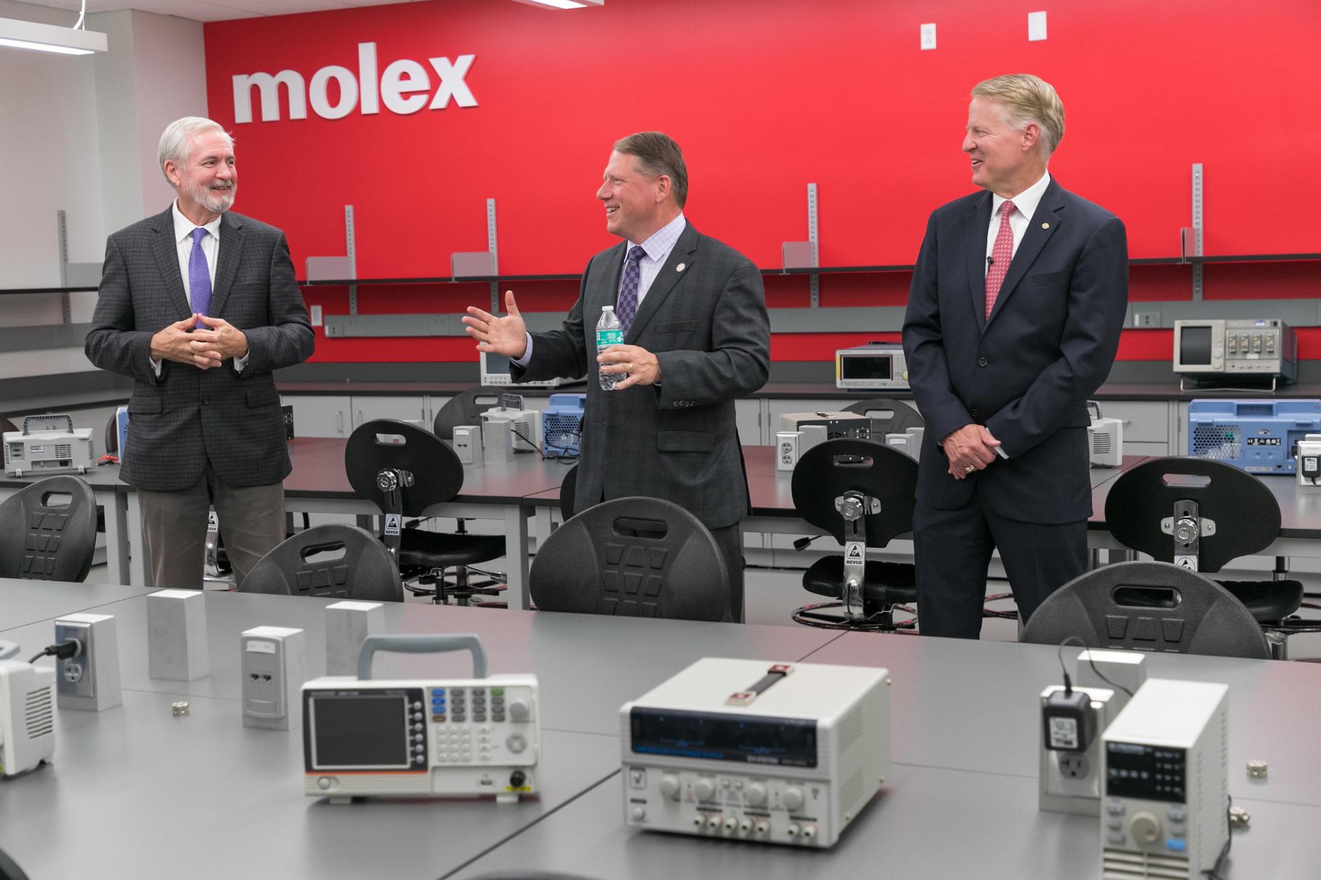 Professor Frank Harwath, President Troy Hammond and Molex CEO Joe Nelligan at the opening of the Molex Lab at North Central College.