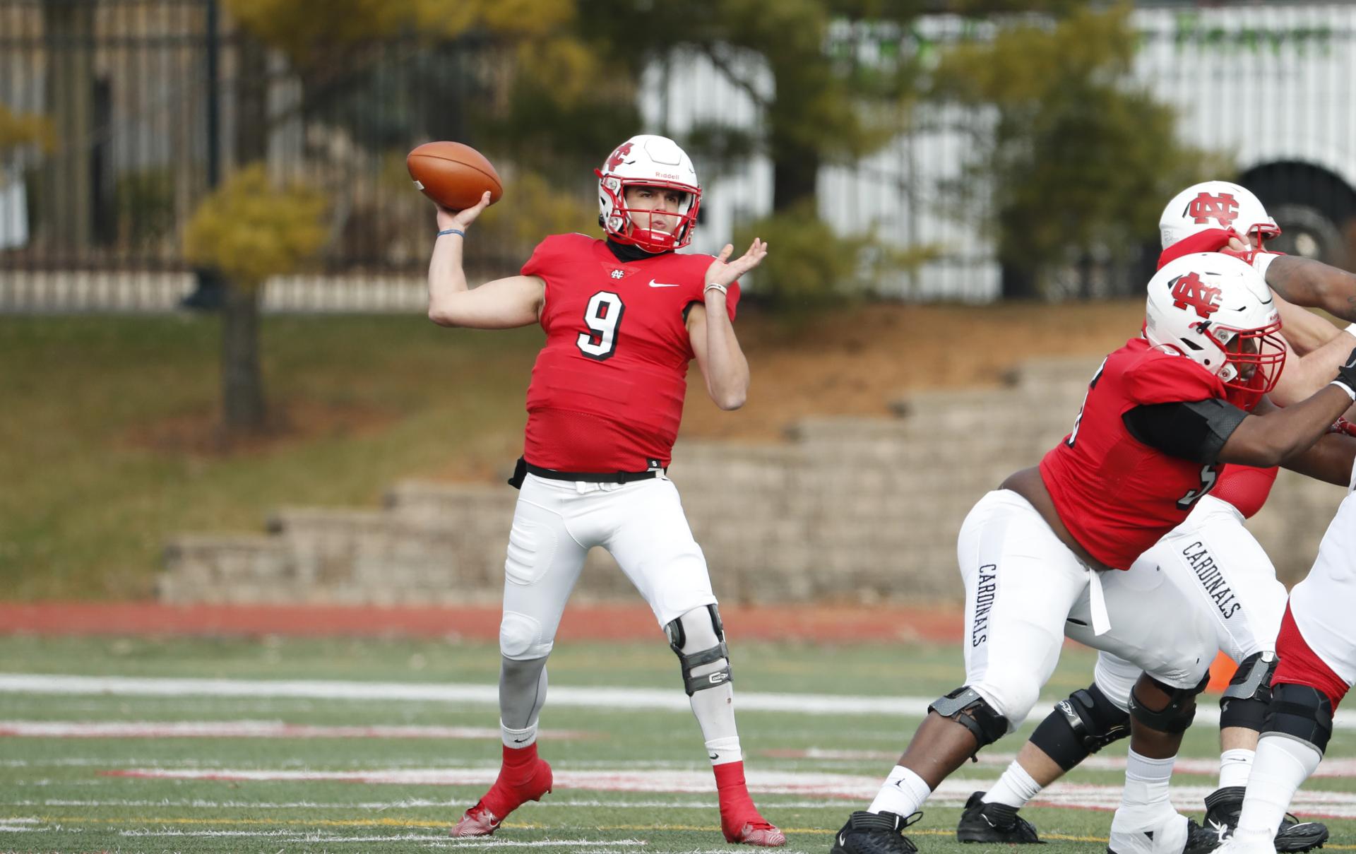 North Central College quarterback Broc Rutter throwing a pass.