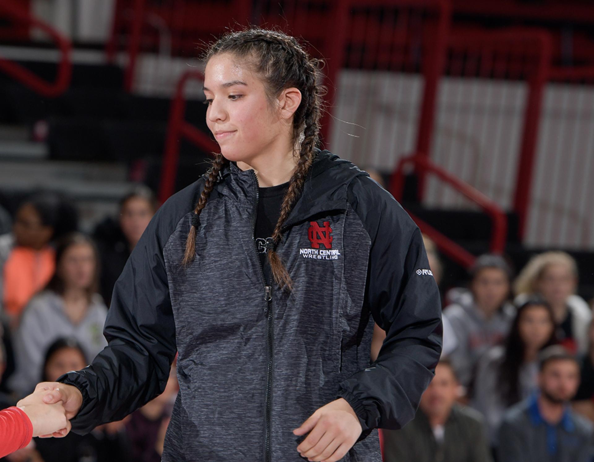 Amanda Martinez before a North Central College women's wrestling meet.