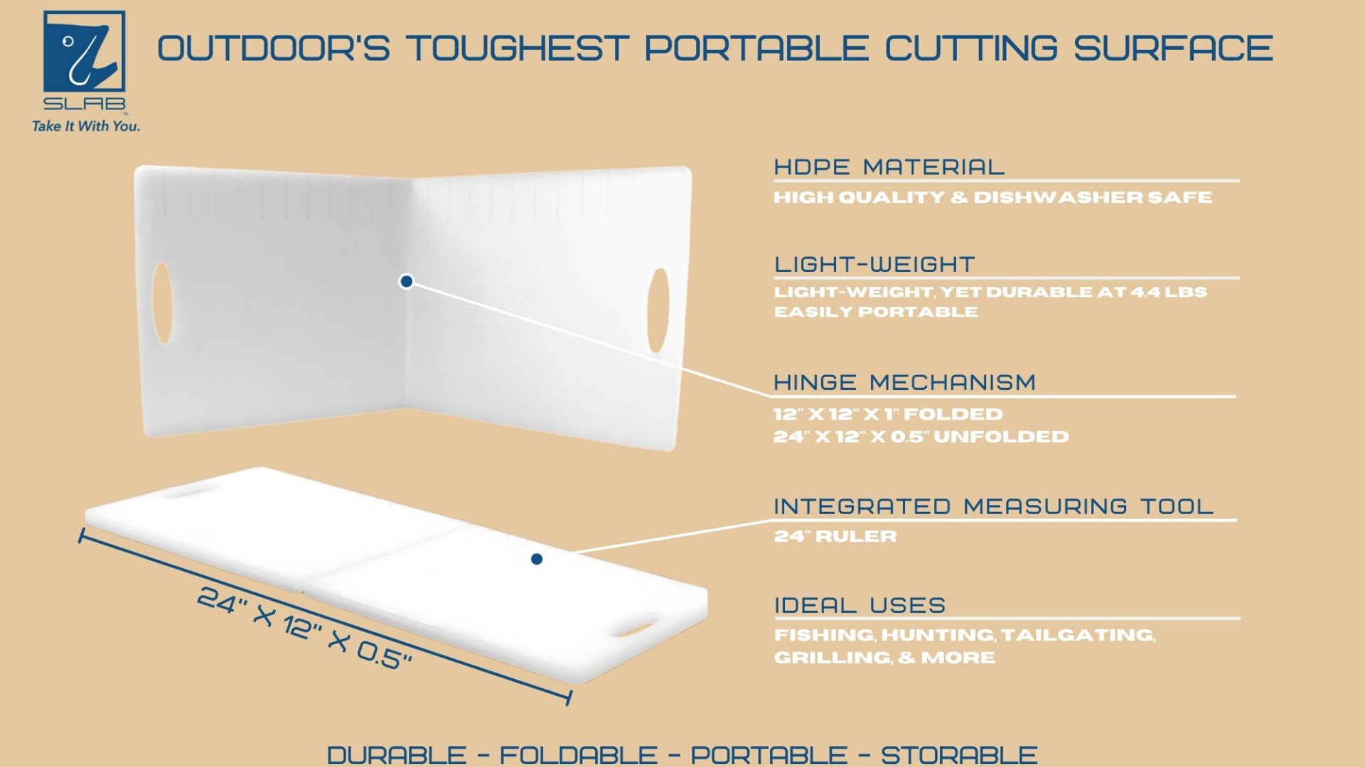 A photo of the SLAB Outdoors mobile cutting board.