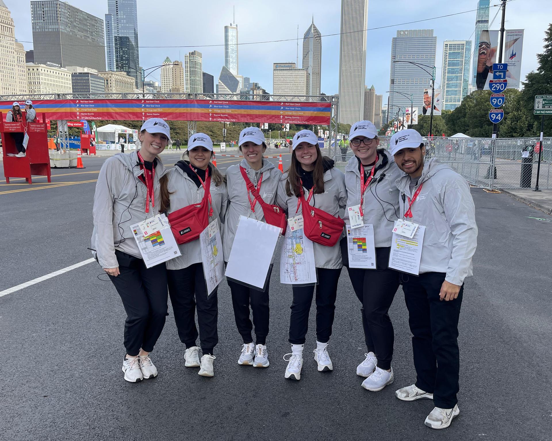 North Central College Master of Athletic Training students near the finish line at the Chicago Marathon.