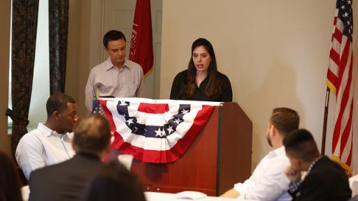 Veteran students speaking at an information session.