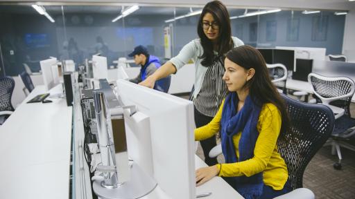 student and professor in computer lab