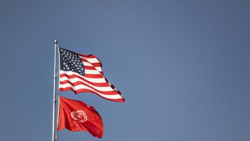 Flags in front of Old Main Building at North Central College Campus