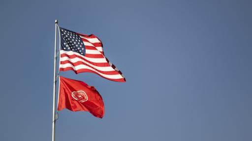 flags outside of old main building on north central college campus