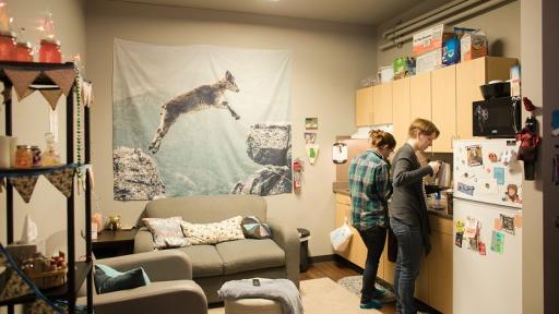 Students in kitchenette of New Hall suite