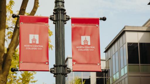 North Central College banners hanging on campus.