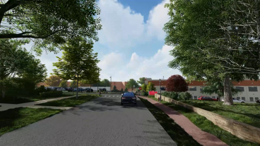 An image from Chicago Avenue looking south toward the Brainard and Highland intersection, with the parking pavilion on the right and the Residence Hall/Recreation Center in the distance.