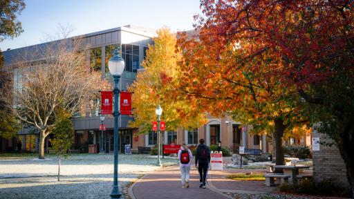 Two students walking down the main path on campus. There is a light dusting of snow on the ground.