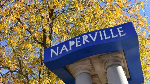 A photo of a Naperville landmark/sign in the downtown area.