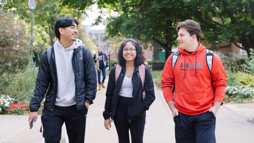 Students walking down the main path on campus.