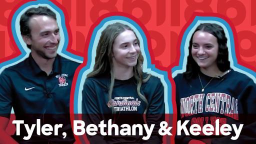 A graphic for Head Coach Tyler Woodward M’20 and student-athletes Bethany Smeed ’26 and Keeley Mick ’28.