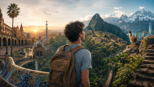 Student with backpack overlooking Spain and Peru study abroad scenes.