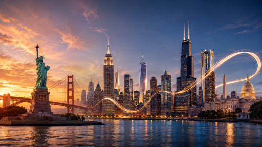 U.S. skyline with iconic landmarks at sunset