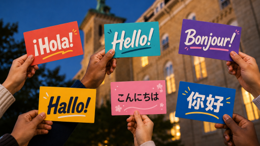 Hands hold multilingual greeting cards outside Old Main.