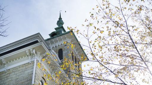 The Old Main building behind the branches of a tree losing its leaves.