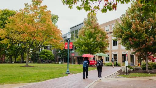 students walking across campus