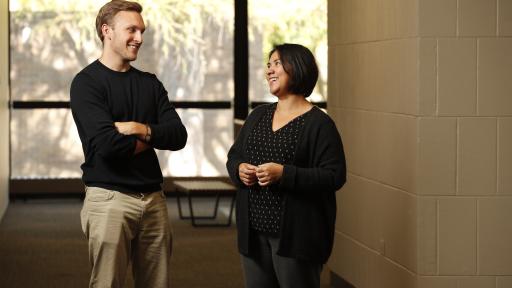 Bobby Kallien and Haydee Nunez discussing how to use Handshake at North Central College.