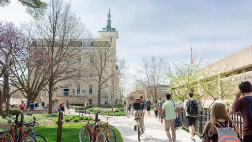 North Central College students walking the Old Main quad.